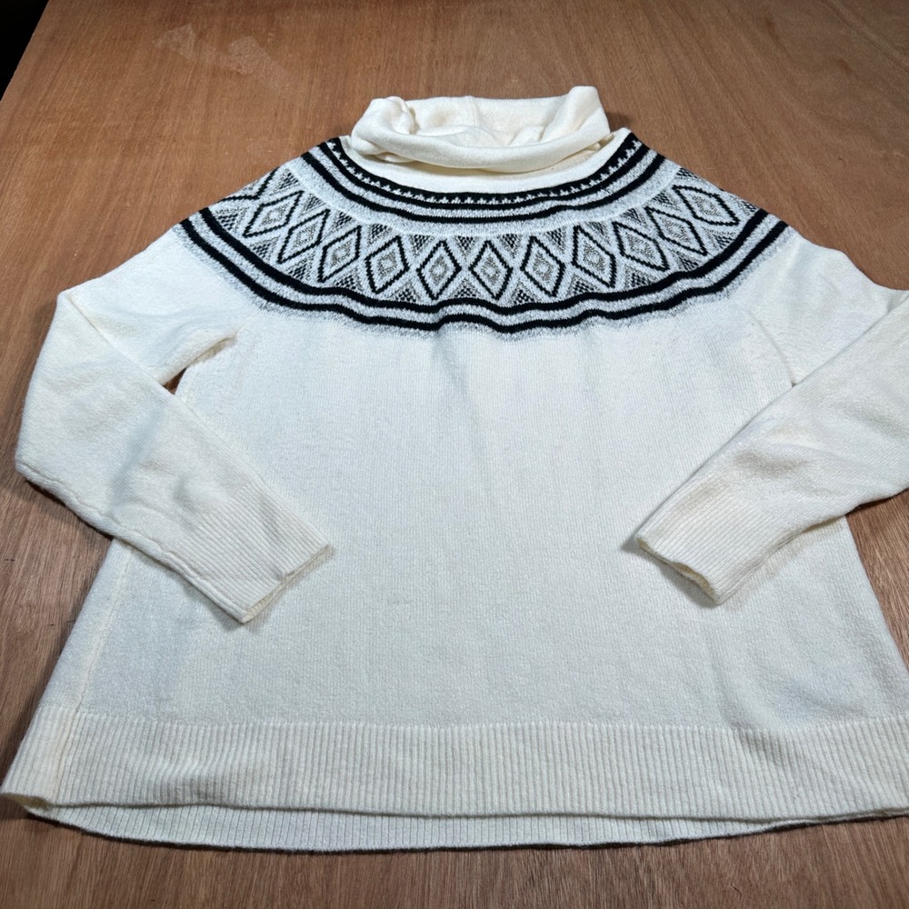 Old Navy Sweater Women Large White Fair Isle Cowl Neck Metallic Knit Pullover
